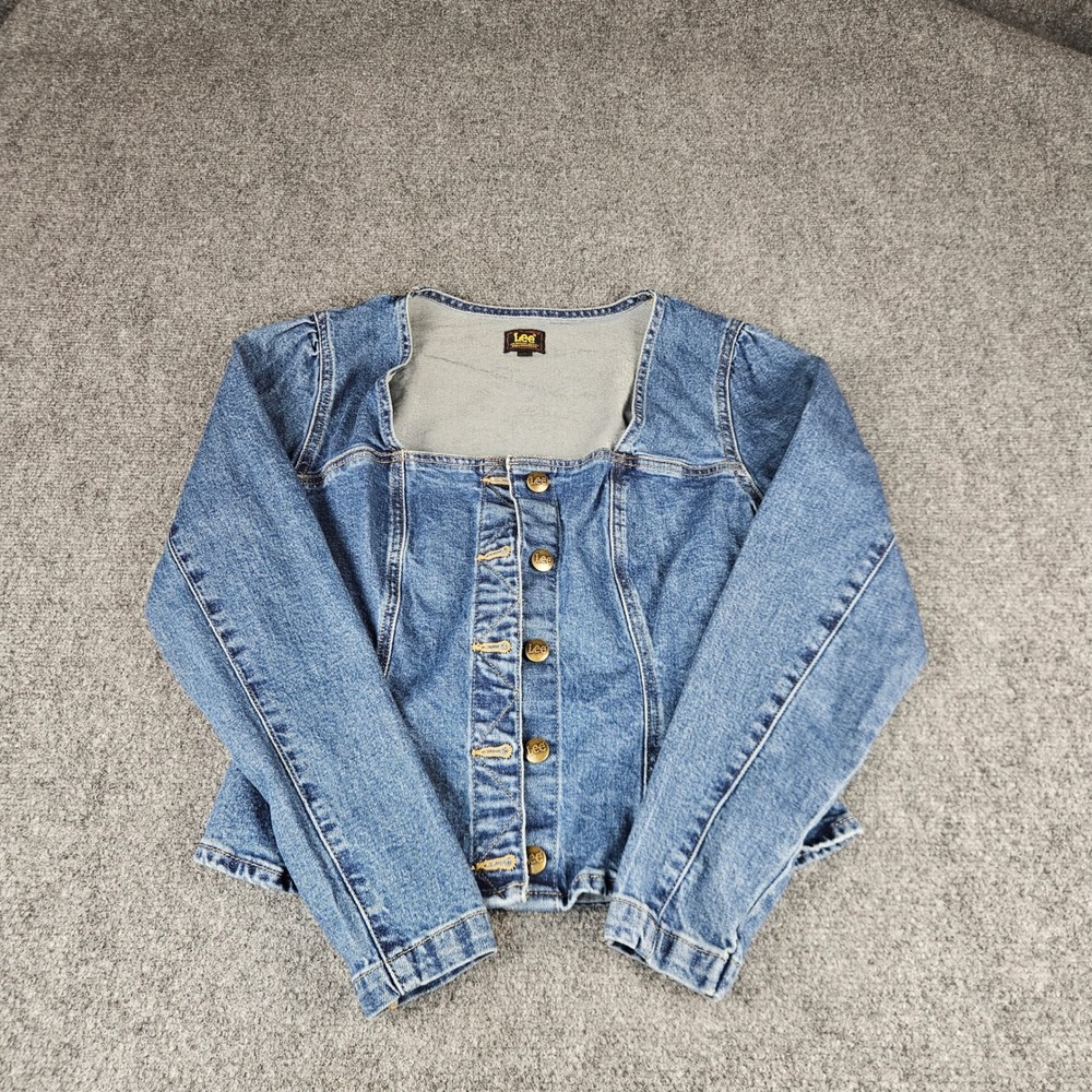 Lee Womens Medium Wash Denim Jacket Square Neck Button Front Blue Size M